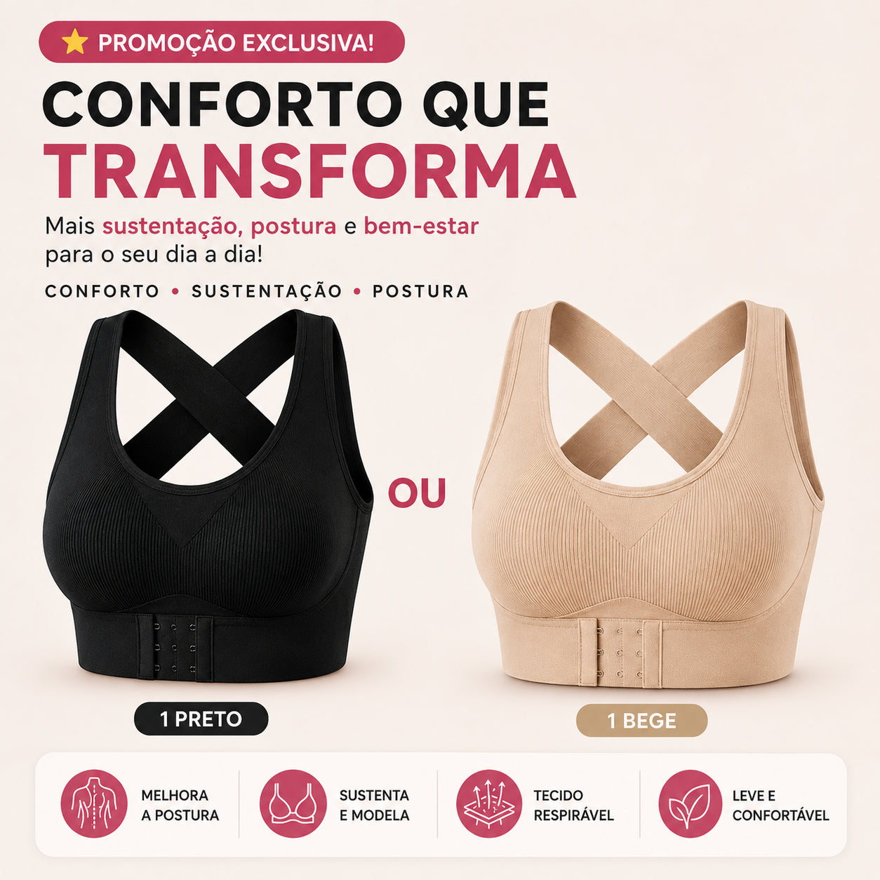 Sutiã Modelador Postural ComfortLift™ com Sustentação e Conforto - Frete Grátis