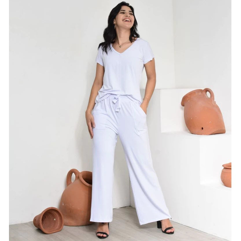 Conjunto Serena™ em Viscolycra com Calça Pantalona e Blusa Gola V - imagem 6