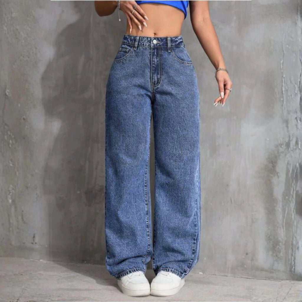 Calça wide leg jeans cintura alta premium feminina vista frontal