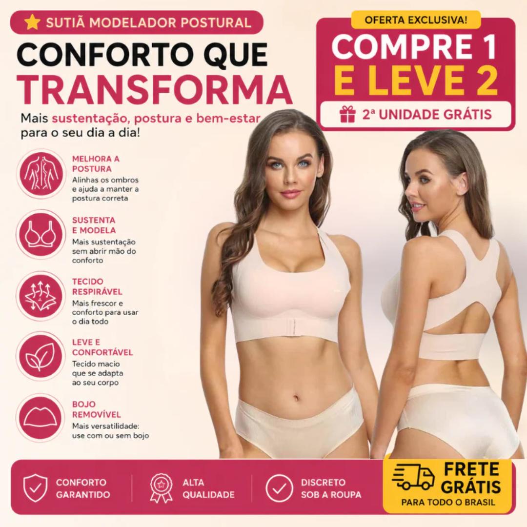 Sutiã modelador postural feminino com sustentação frontal e laterais reforçadas