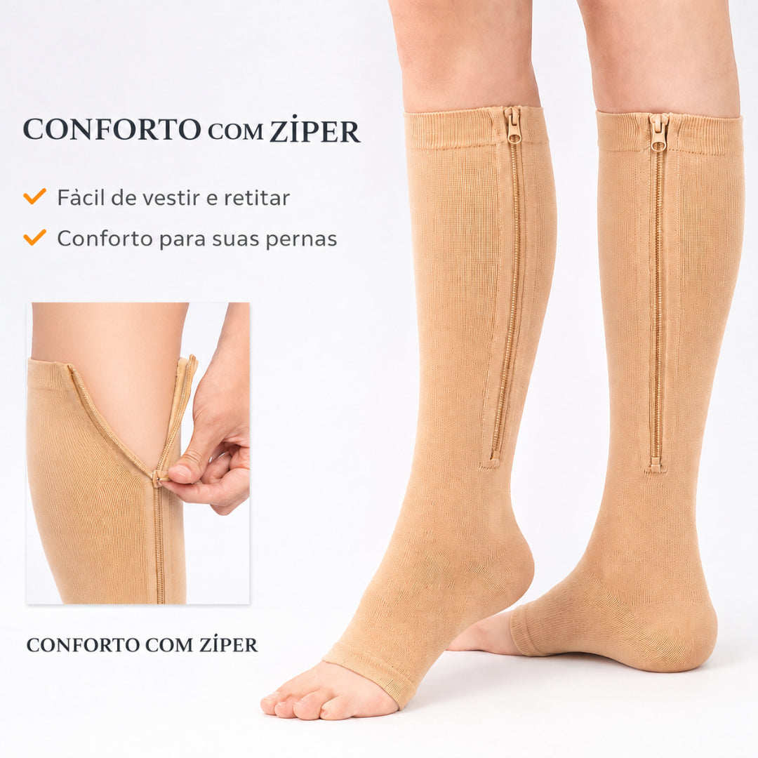 Meia compressiva até o joelho com abertura nos dedos.
