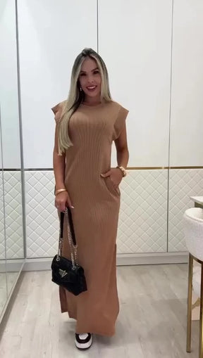 Vestido Malibu longo canelado com manga muscle em ribana premium