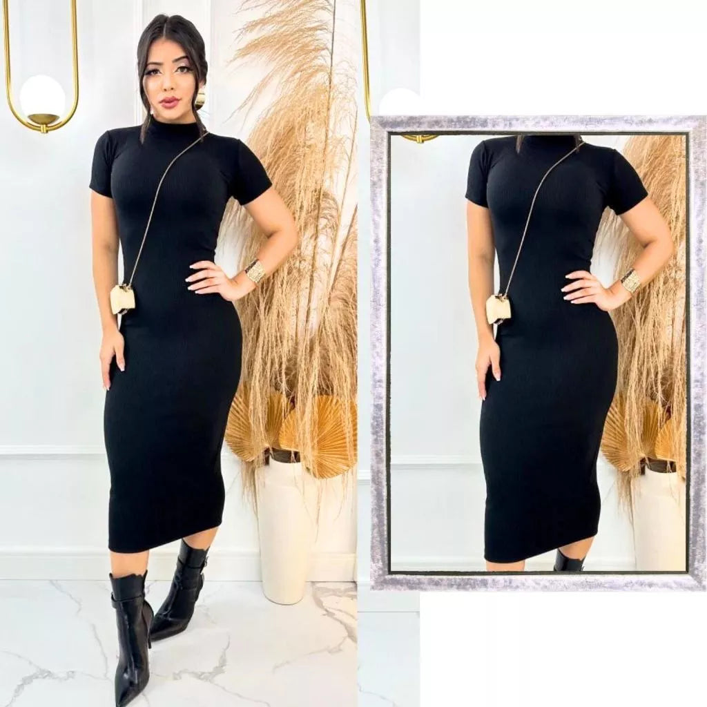 Vestido Aurora midi canelado com mangas elegantes vista frontal