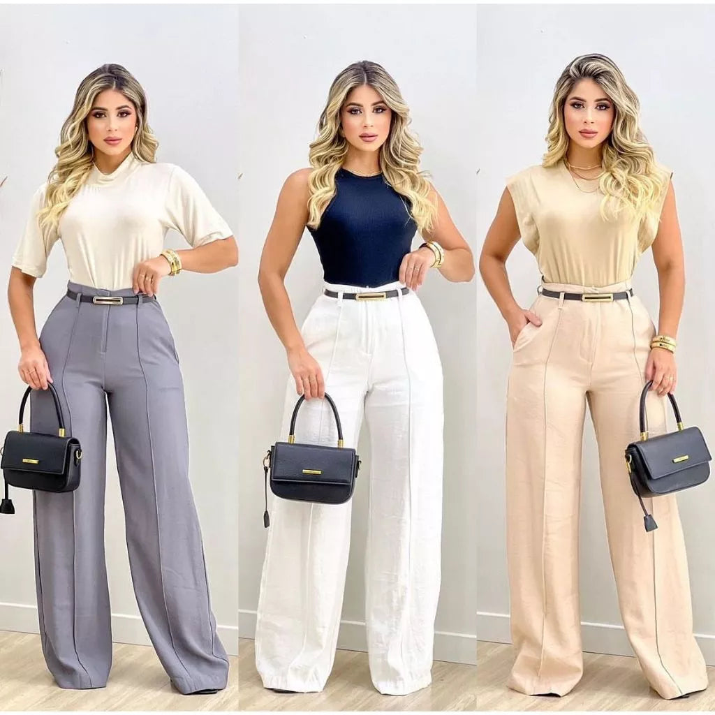 Detalhe da cintura bem ajustada e modelagem alongada da calça verona