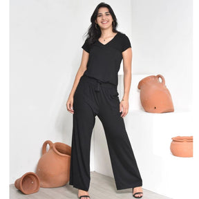 Conjunto Serena™ em Viscolycra com Calça Pantalona e Blusa Gola V - imagem 5