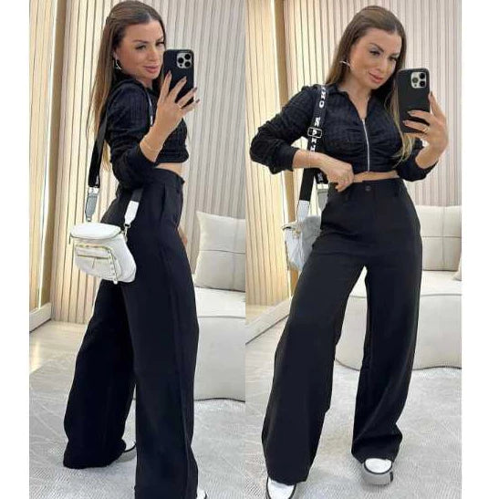 Calça pantalona alfaiataria Firenze™ com bolsos funcionais, vista frontal em mulher