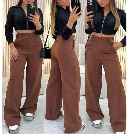 Modelagem pantalona com corte alfaiataria que alonga visualmente