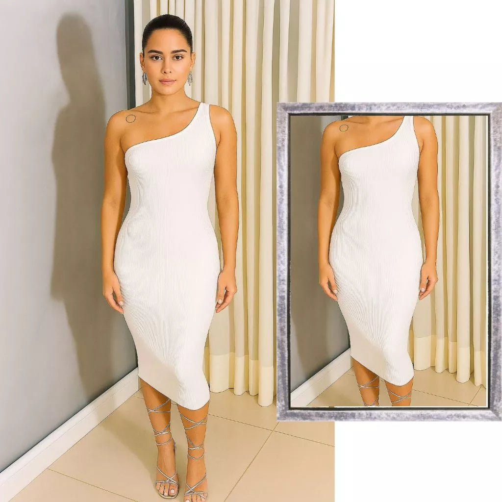 Vestido midi mula manca em modelagem sofisticada