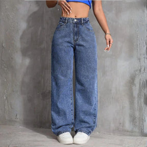 Calça wide leg jeans cintura alta premium feminina vista frontal