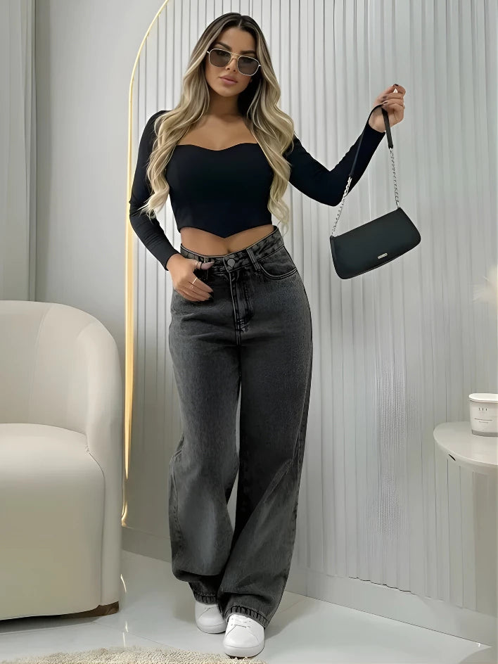 Wide Leg Jeans Premium Cintura Alta Feminina - imagem 6
