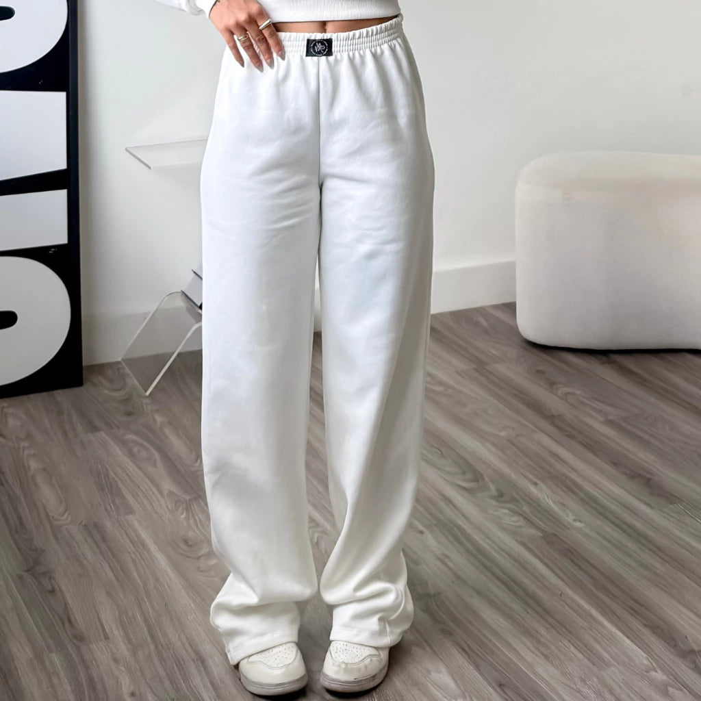 Calça wide leg moletom cintura alta feminina detalhe lateral