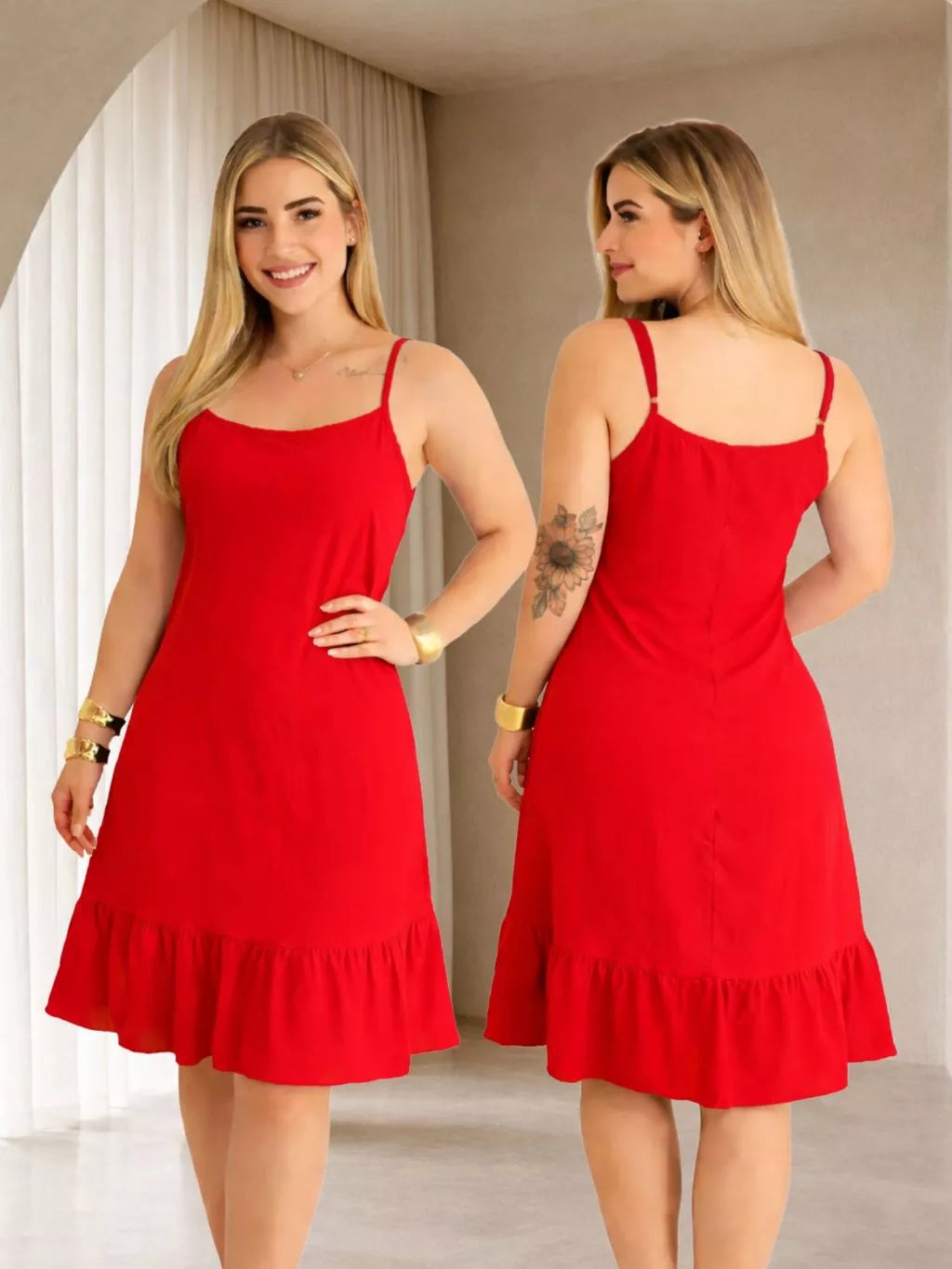 Vestido soltinho com babado na barra e alcinha ajustável
