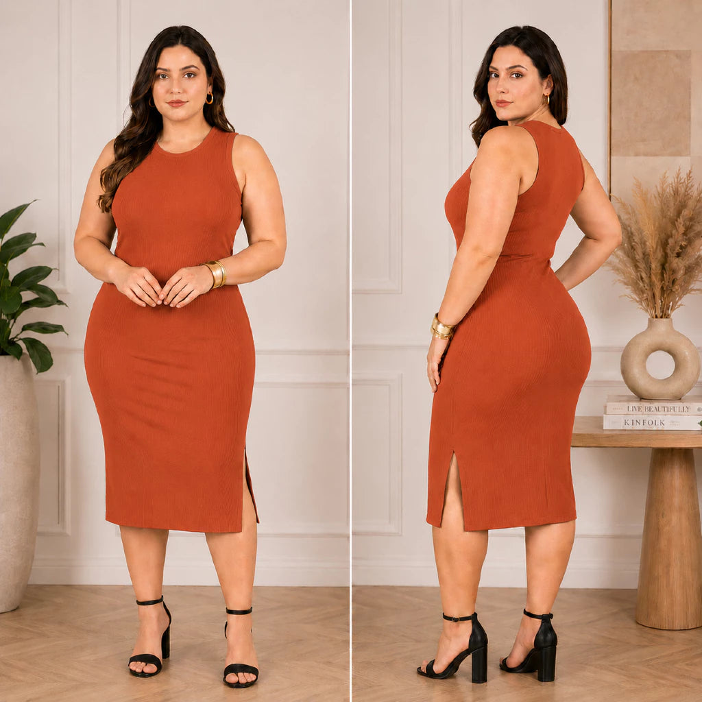 Vestido Luna Midi Canelado costas e modelagem